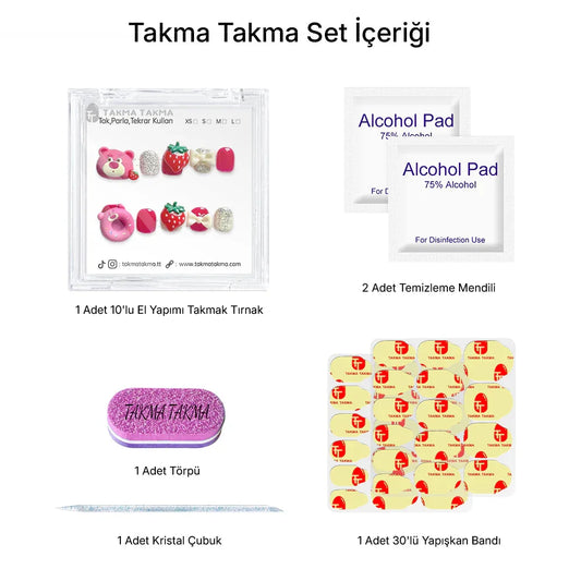 Tekrar Kullanılabilir El Yapımı Protez Çocuk Takma Tırnak- Berry Bear - 10'lu TT1110