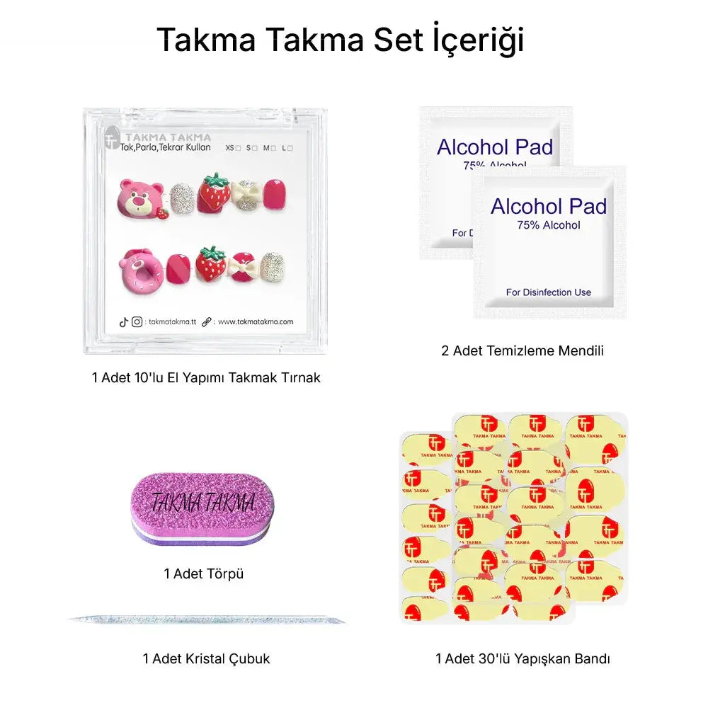 Tekrar Kullanılabilir El Yapımı Protez Çocuk Takma Tırnak- Berry Bear - 10'lu TT1110 Takma Takma