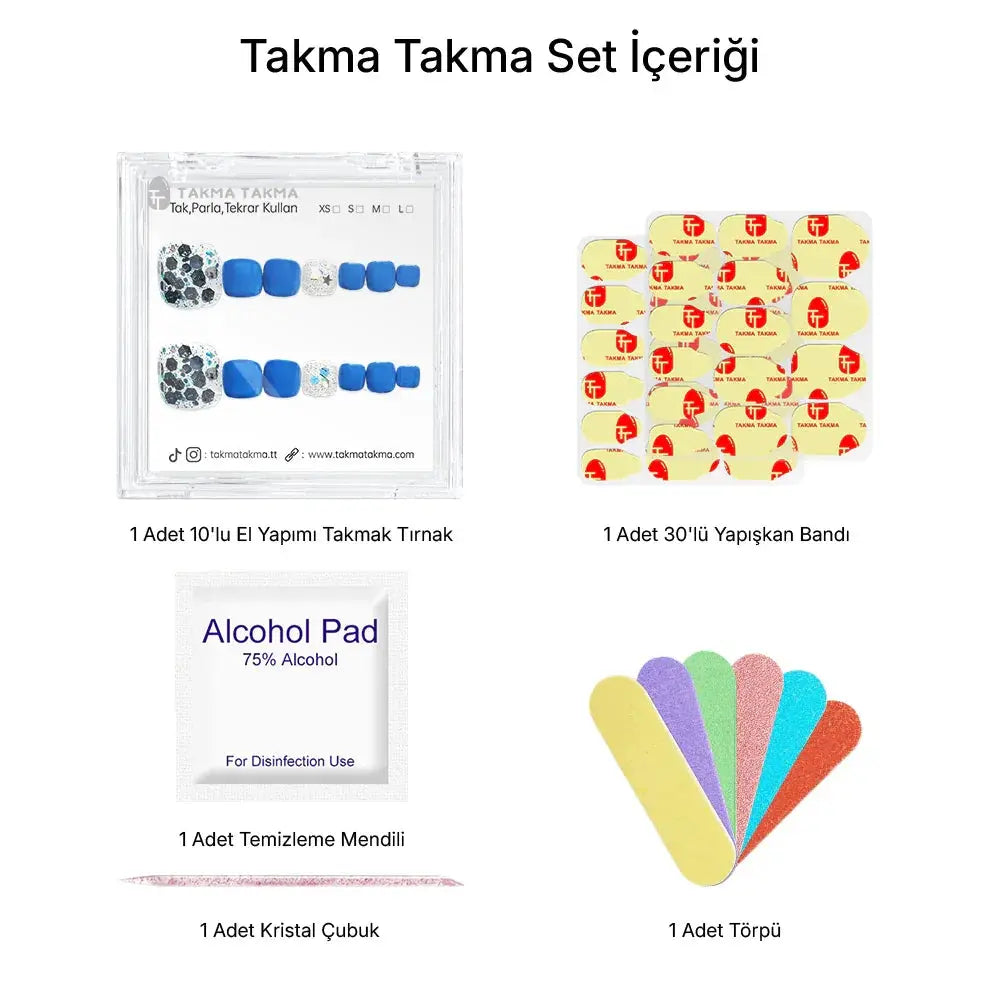 10'lu Mavi Ayak Tırnağı TT1112 Tekrar Kullanılabilir El Yapımı Protez Takma Tırnak Takma Takma
