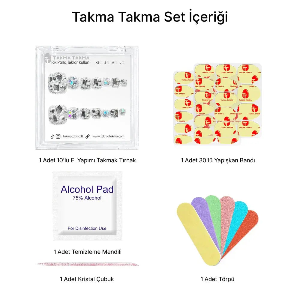 10'lu Gümüş Ayak Tırnağı TT1114 Tekrar Kullanılabilir El Yapımı Protez Takma Tırnak Takma Takma