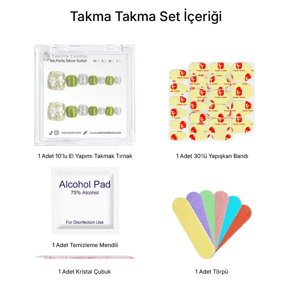 10'lu Yeşil Ayak Tırnağı TT1115 Tekrar Kullanılabilir El Yapımı Protez Takma Tırnak Takma Takma