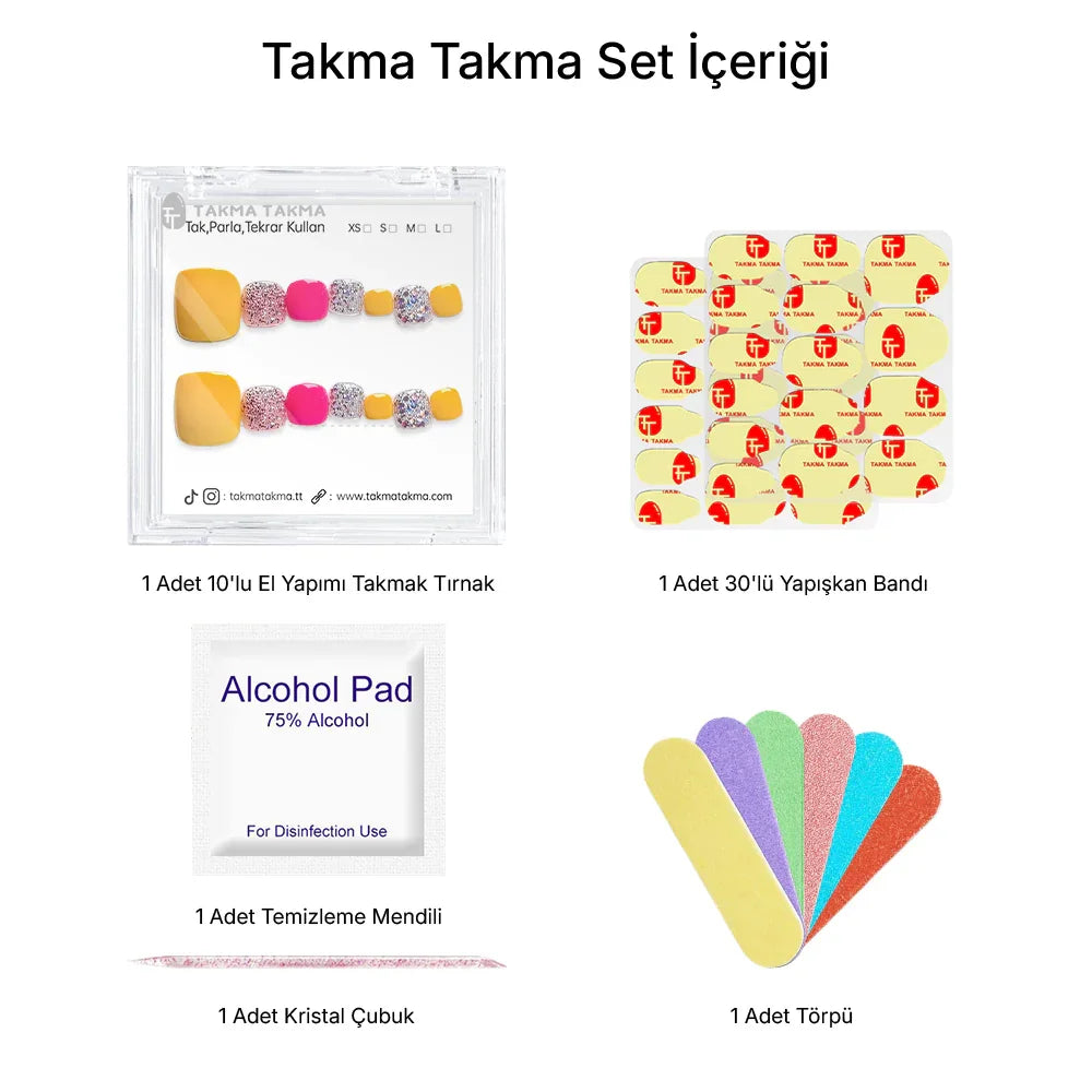 10'lu Sarı Ayak Tırnağı TT1117 Tekrar Kullanılabilir El Yapımı Protez Takma Tırnak Takma Takma