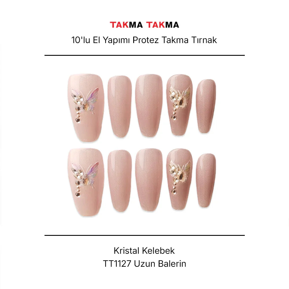 Tekrar Kullanılabilir El Yapımı Protez Takma Tırnak TT1127 - Kristal Kelebek - 10'lu