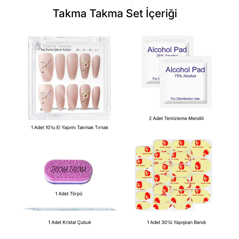Tekrar Kullanılabilir El Yapımı Protez Takma Tırnak TT1127 - Kristal Kelebek - 10'lu