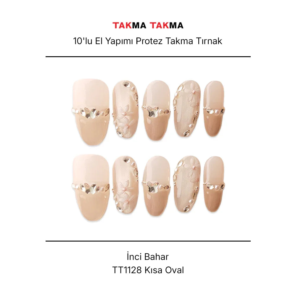 Tekrar Kullanılabilir El Yapımı Protez Takma Tırnak TT1128 - İnci Bahar - 10'lu