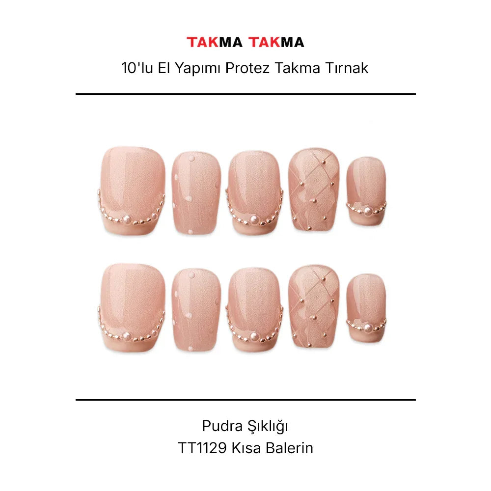 Tekrar Kullanılabilir El Yapımı Protez Takma Tırnak TT1129 - Pudra Şıklığı - 10'lu