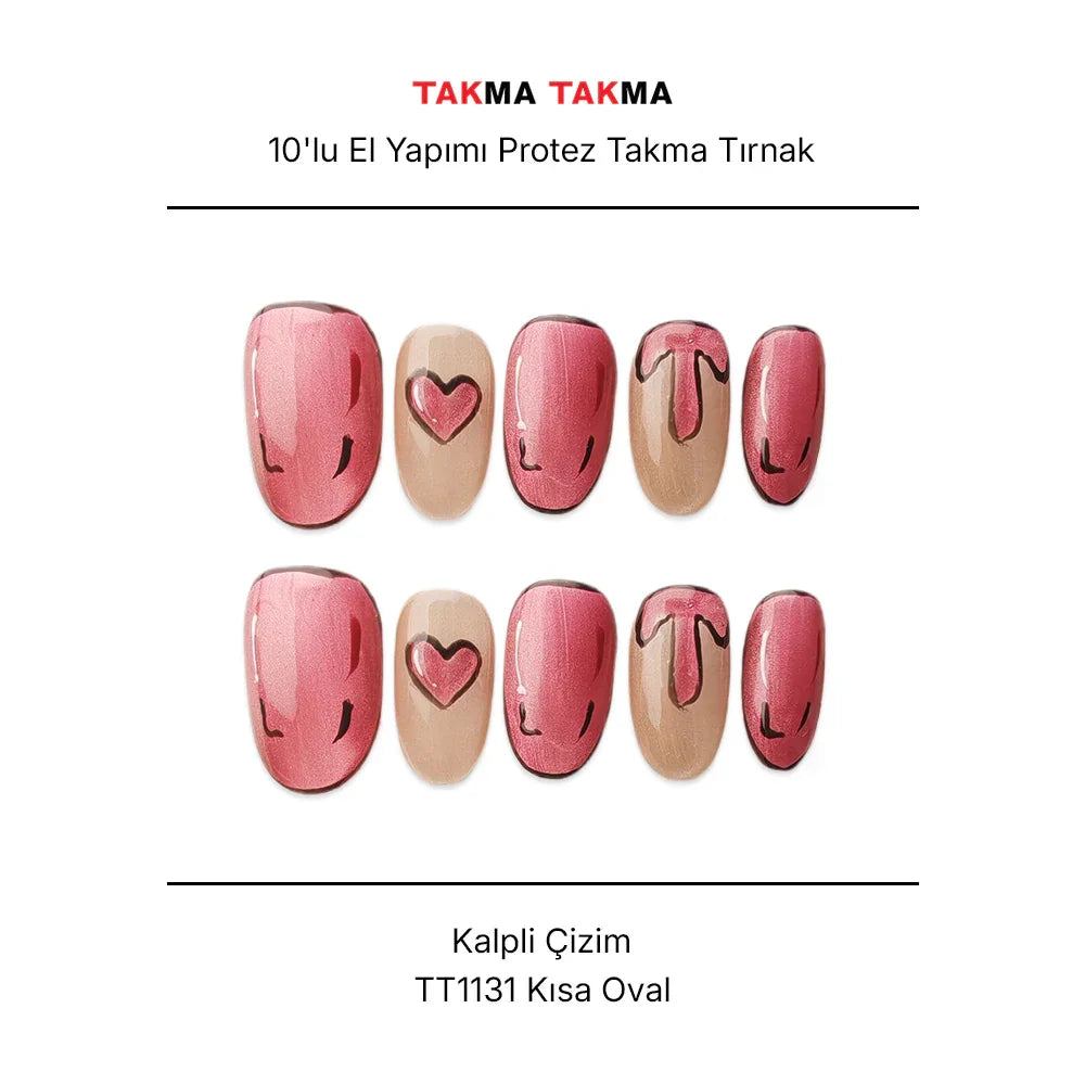 Tekrar Kullanılabilir El Yapımı Protez Takma Tırnak TT1131 - Kalpli Çizim - 10'lu