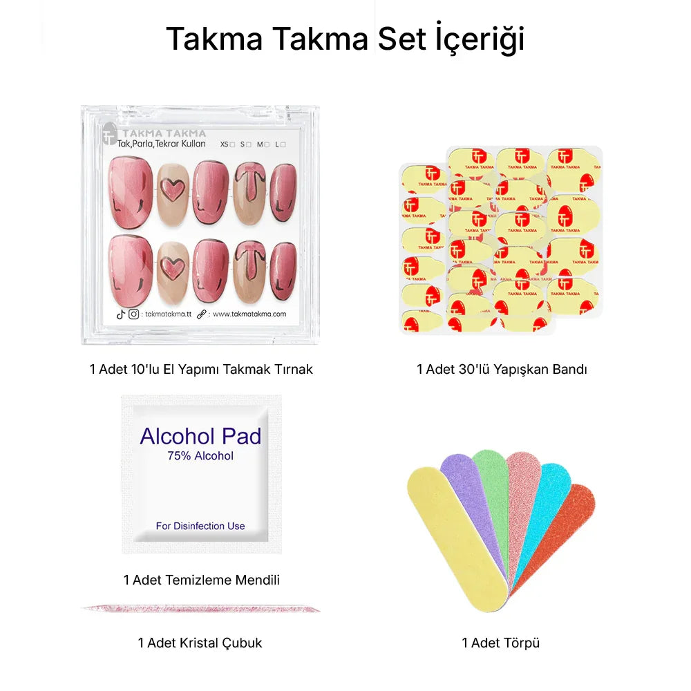 Tekrar Kullanılabilir El Yapımı Protez Takma Tırnak TT1131 - Kalpli Çizim - 10'lu