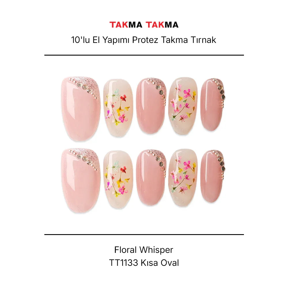 Tekrar Kullanılabilir El Yapımı Protez Takma Tırnak TT1133 - Floral Whisper - 10'lu
