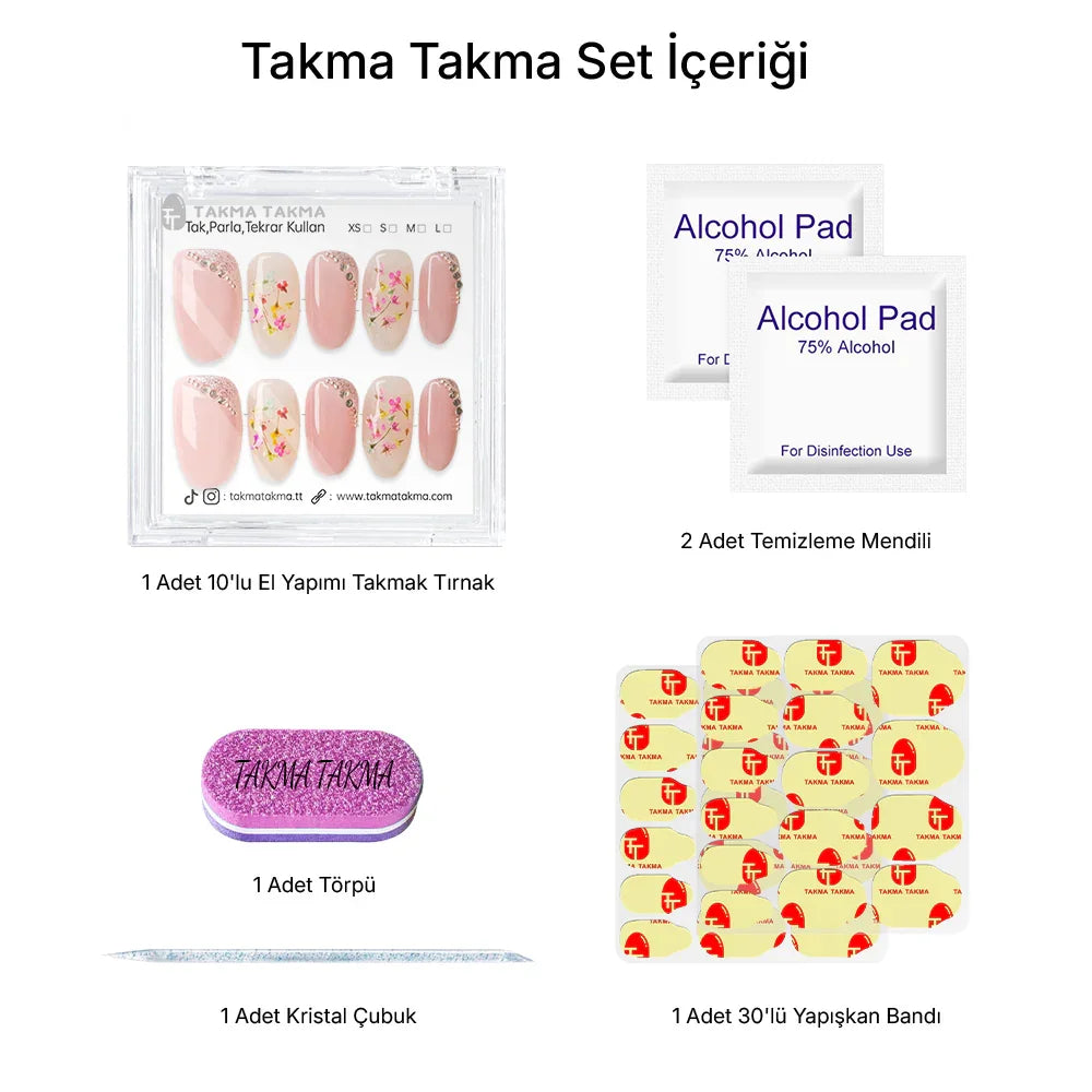 Tekrar Kullanılabilir El Yapımı Protez Takma Tırnak TT1133 - Floral Whisper - 10'lu