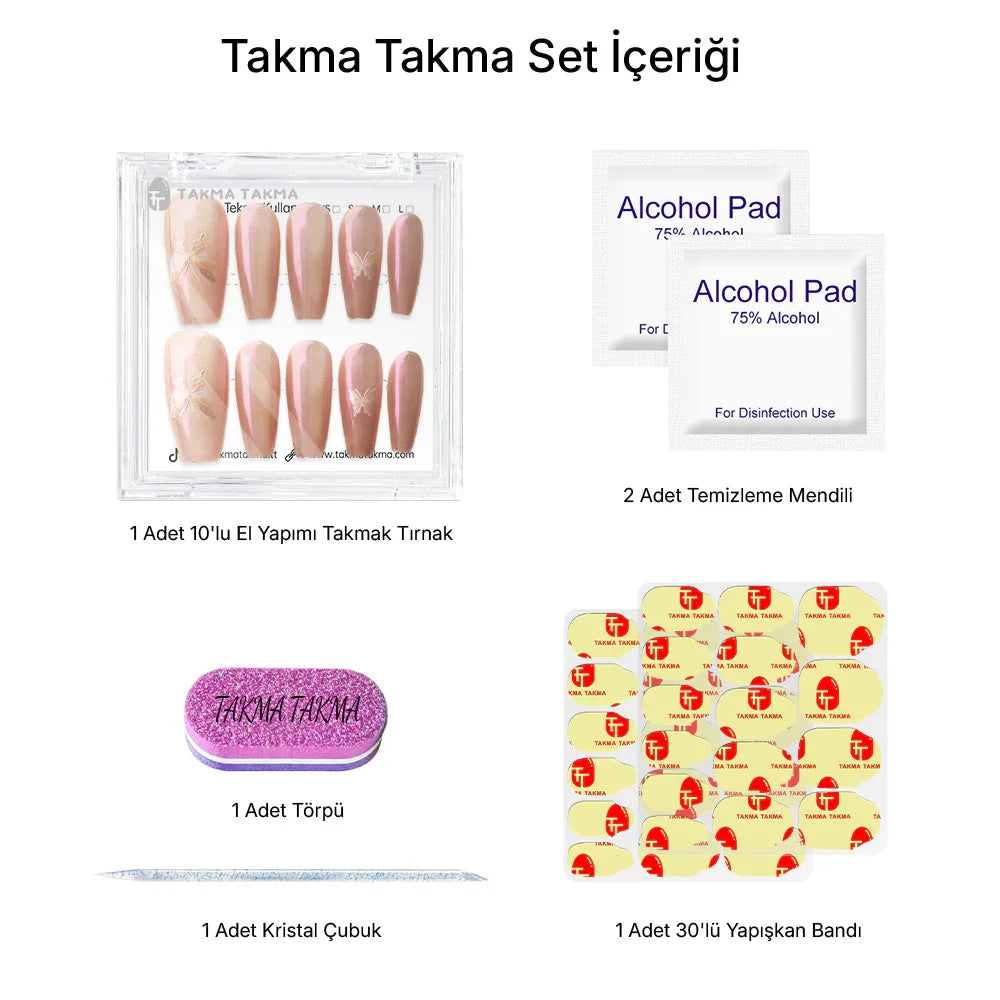 10'lu Pembe Uzun Balerin TT1134 Tekrar Kullanılabilir El Yapımı Protez Takma Tırnak