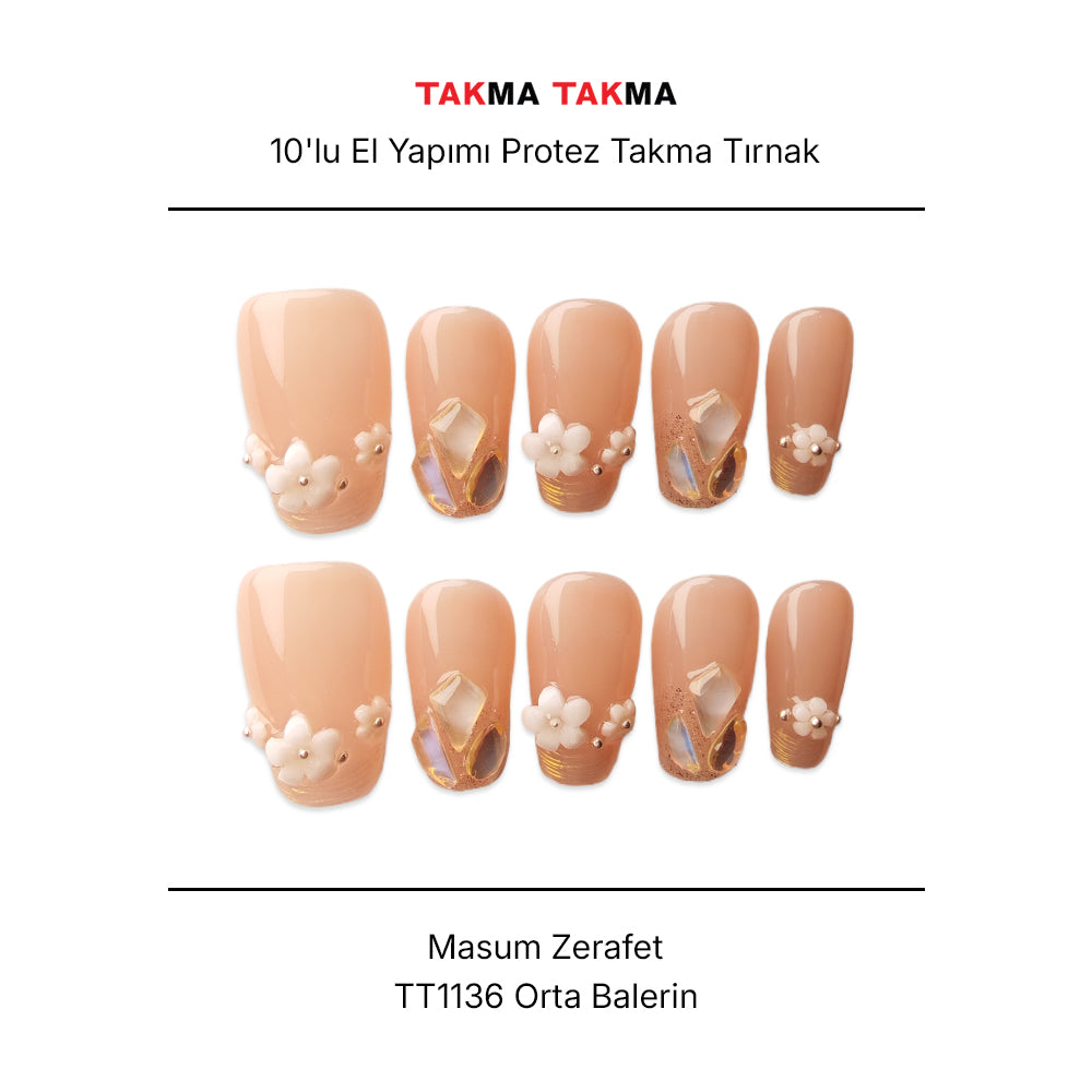 10'lu Ten Rengi Orta Balerin TT1136 Tekrar Kullanılabilir El Yapımı Protez Takma Tırnak
