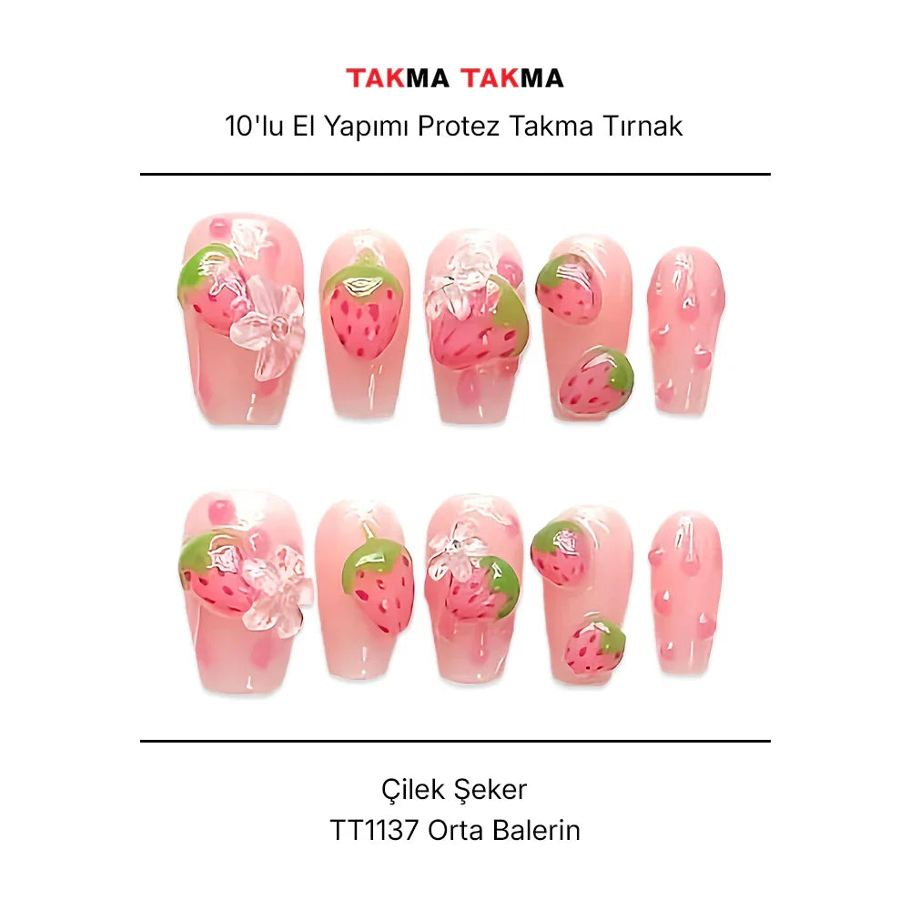 Tekrar Kullanılabilir El Yapımı Protez Takma Tırnak TT1137 - Çilek Şeker - 10'lu
