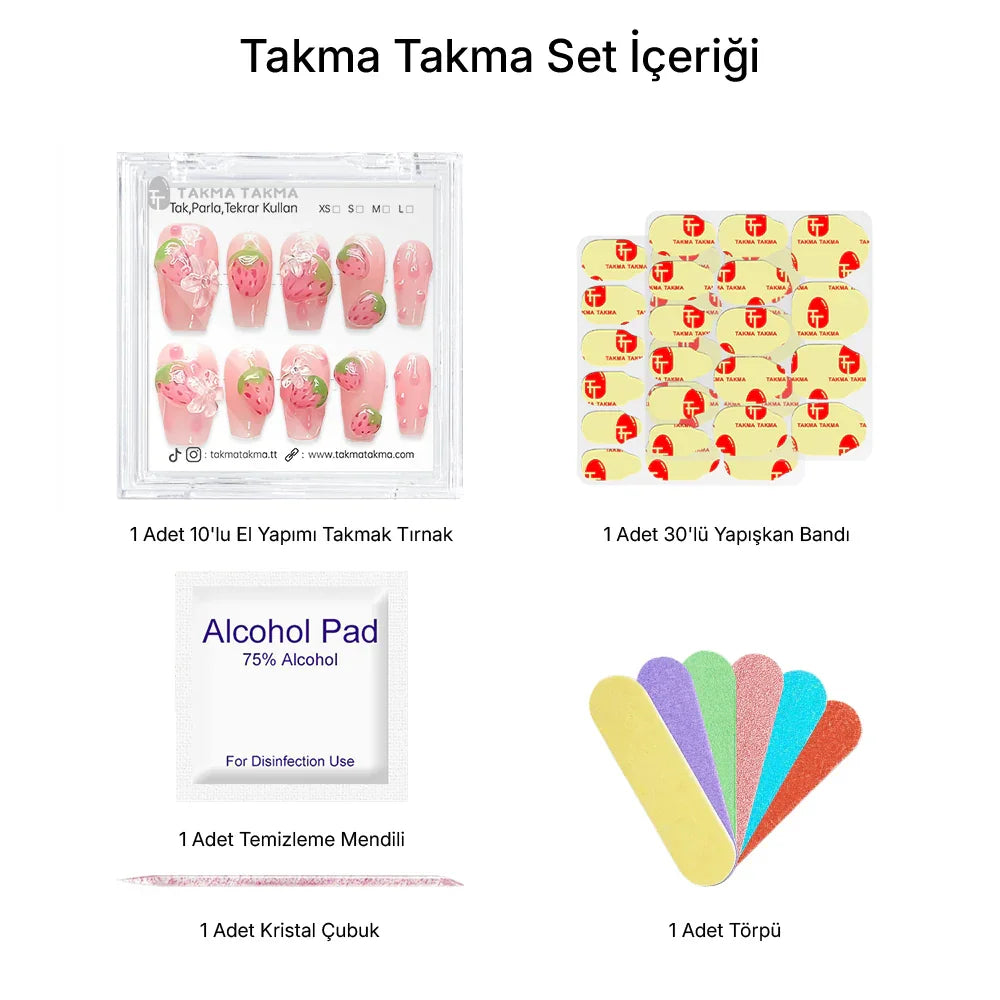 Tekrar Kullanılabilir El Yapımı Protez Takma Tırnak TT1137 - Çilek Şeker - 10'lu