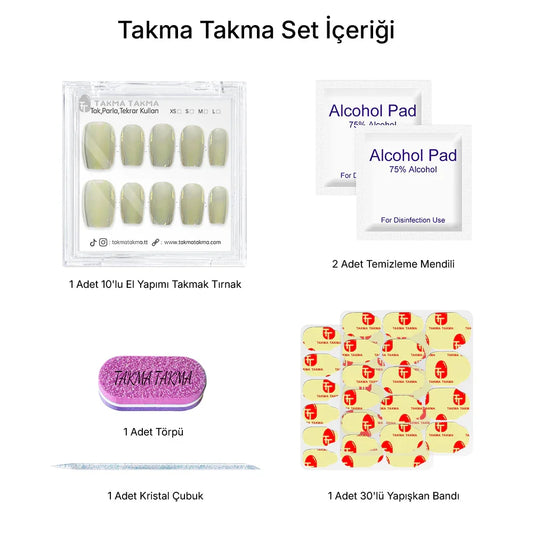 10'lu Yeşil Kısa Balerin TT1141 Tekrar Kullanılabilir El Yapımı Protez Takma Tırnak