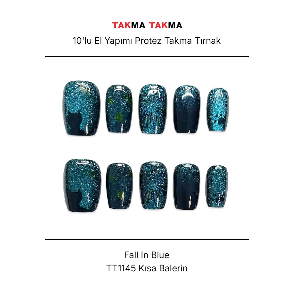 Tekrar Kullanılabilir El Yapımı Protez Takma Tırnak - Fall In Blue - 10'lu TT1145
