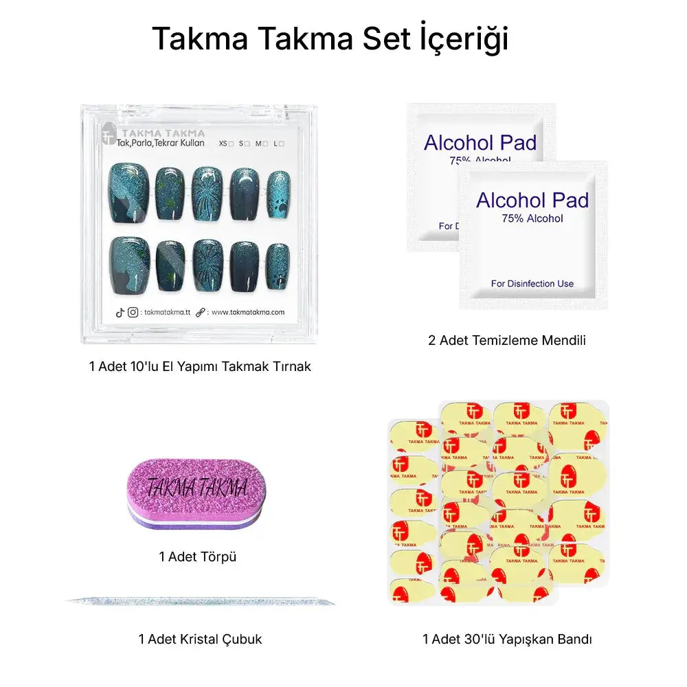 10'lu Mavi Kısa Balerin TT1145 Tekrar Kullanılabilir El Yapımı Protez Takma Tırnak Takma Takma