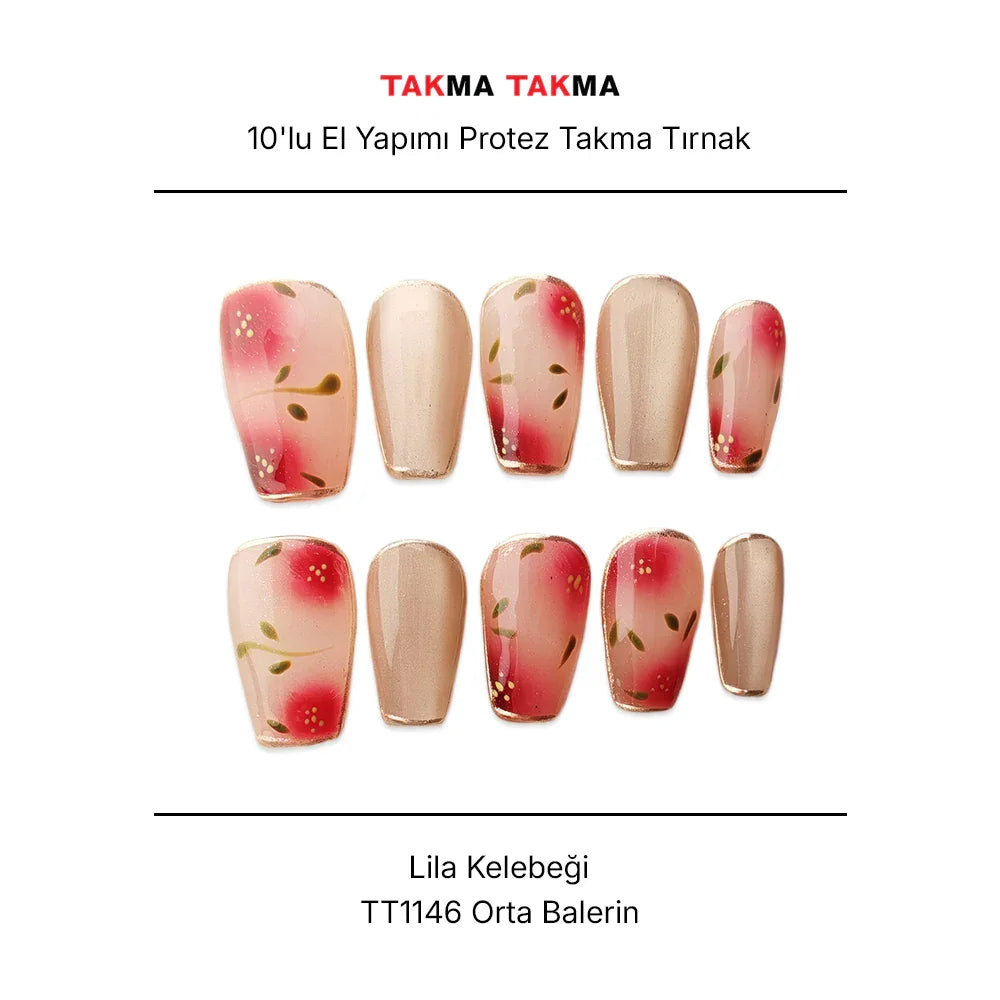 Tekrar Kullanılabilir El Yapımı Protez Takma Tırnak TT1146 - Lila Kelebeği - 10'lu