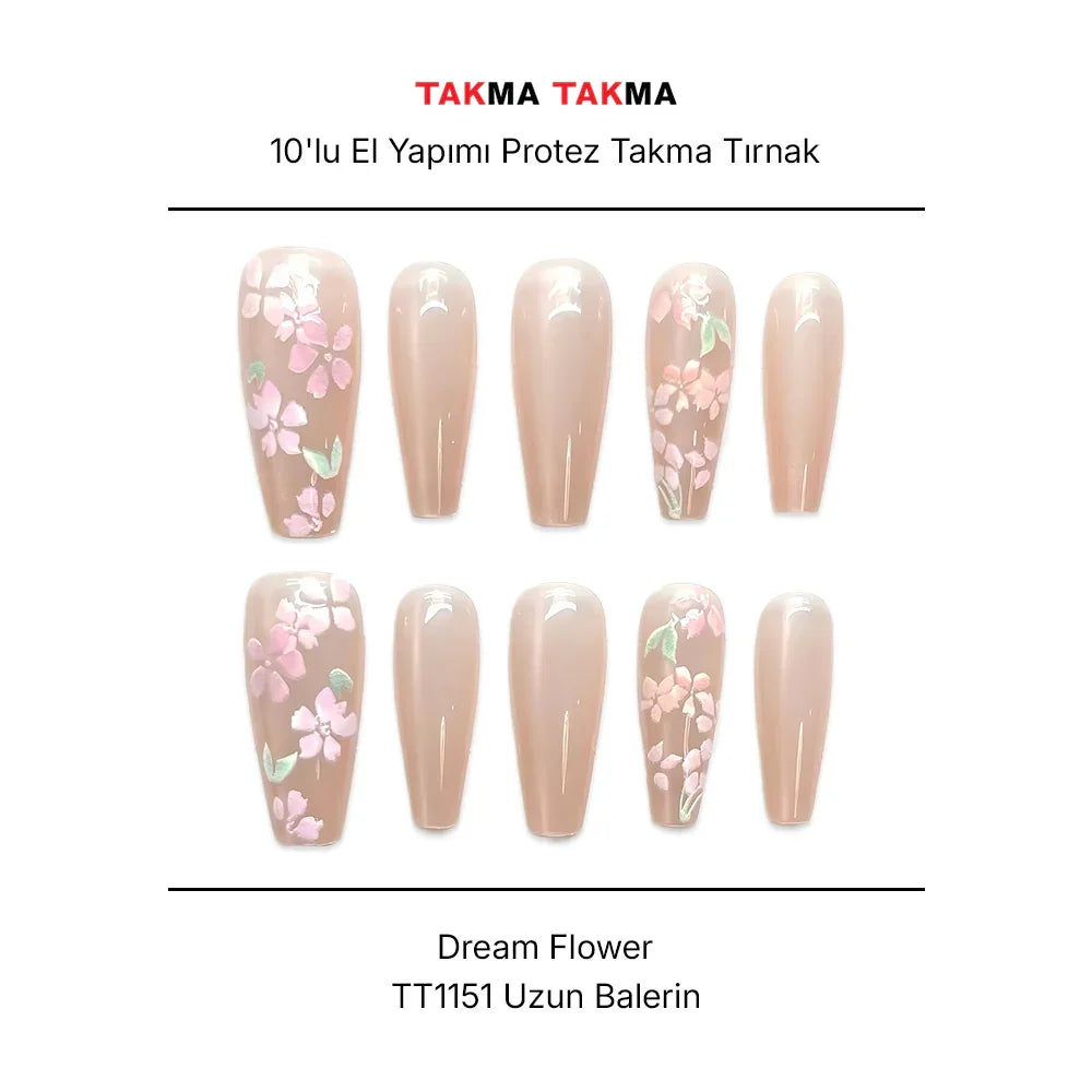 10'lu Ten Rengi Uzun Balerin TT1151 Tekrar Kullanılabilir El Yapımı Protez Takma Tırnak