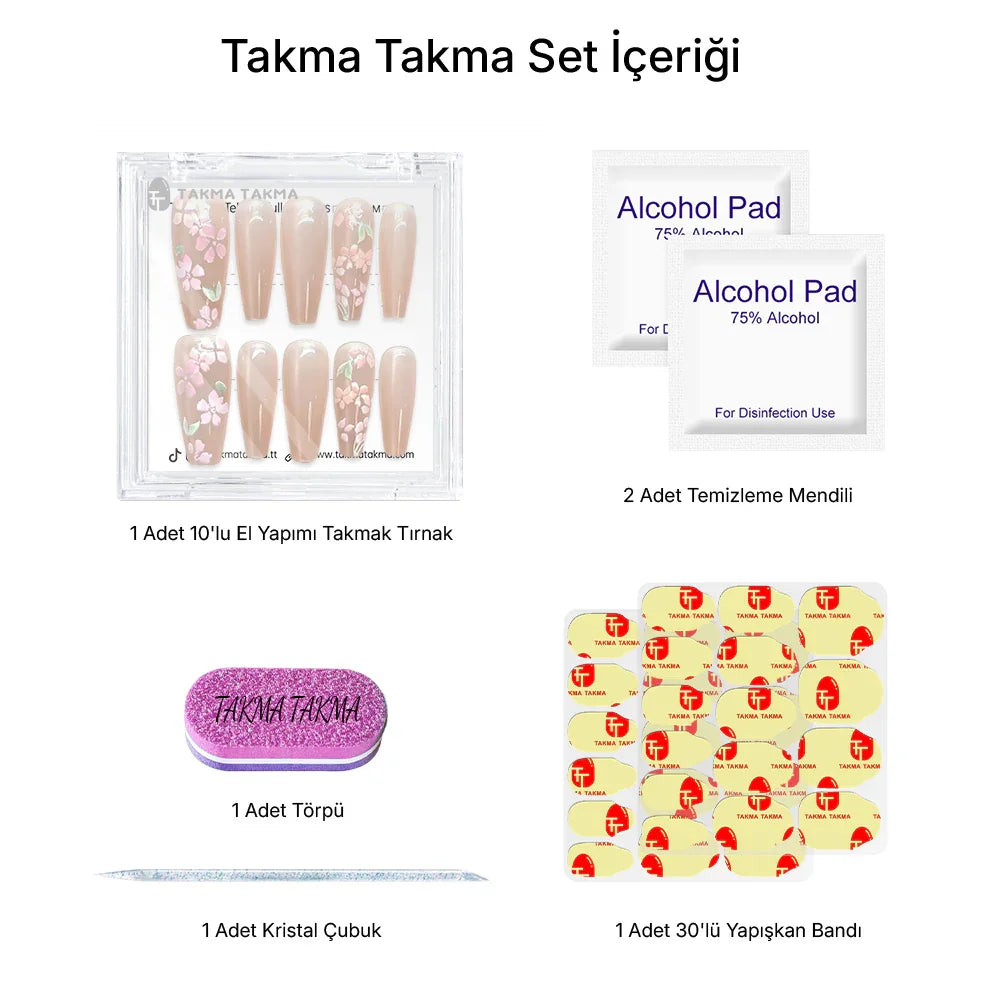 10'lu Ten Rengi Uzun Balerin TT1151 Tekrar Kullanılabilir El Yapımı Protez Takma Tırnak