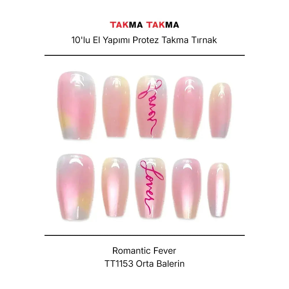 10'lu Pembe Orta Balerin TT1153 Tekrar Kullanılabilir El Yapımı Protez Takma Tırnak Takma Takma