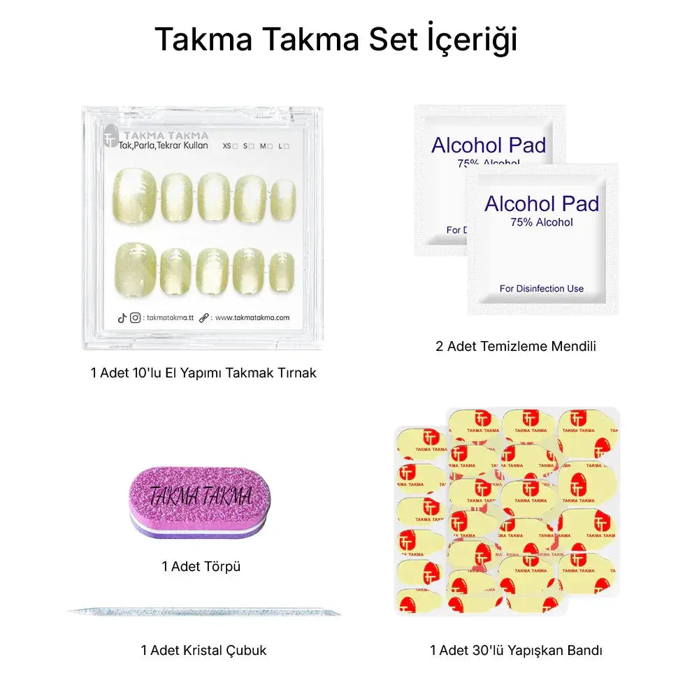 10'lu Sarı Kısa Yuvarlak TT1157 Tekrar Kullanılabilir El Yapımı Protez Takma Tırnak Takma Takma