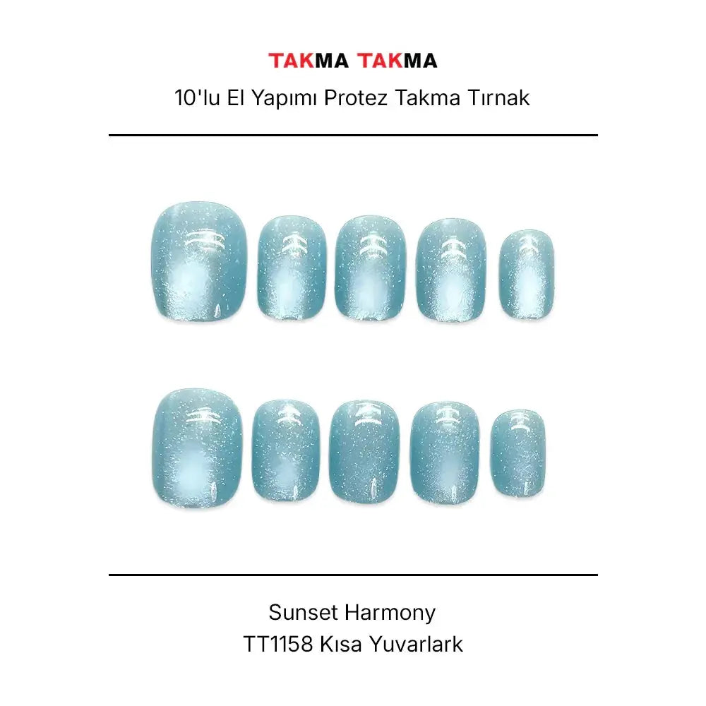 10'lu Mavi Kısa Yuvarlak TT1158 Tekrar Kullanılabilir El Yapımı Protez Takma Tırnak Takma Takma
