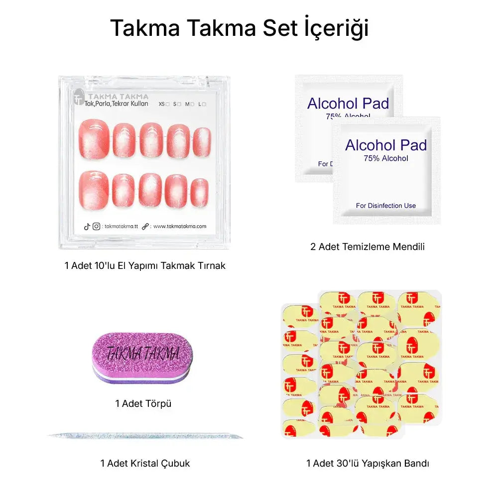 Tekrar Kullanılabilir El Yapımı Protez Takma Tırnak Sparkling Pink - 10'lu TT1159 Takma Takma