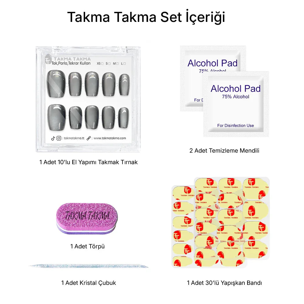 10'lu Gri Kısa Balerin TT1166 Tekrar Kullanılabilir El Yapımı Protez Takma Tırnak Takma Takma