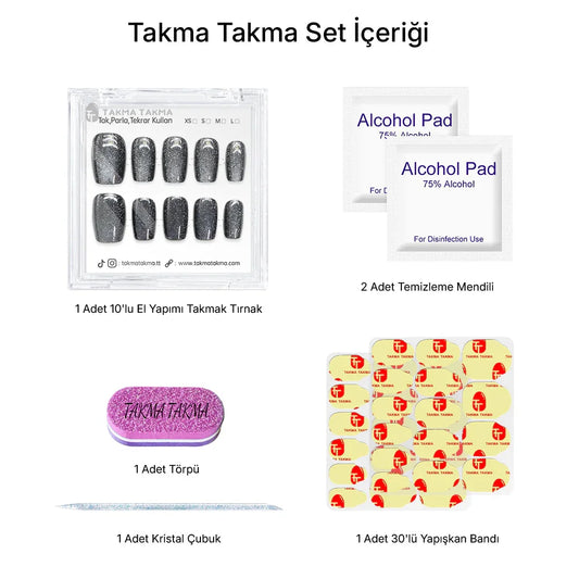 10'lu Gri Kısa Balerin TT1168 Tekrar Kullanılabilir El Yapımı Protez Takma Tırnak