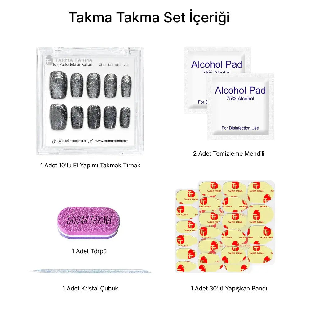 10'lu Gri Kısa Balerin TT1168 Tekrar Kullanılabilir El Yapımı Protez Takma Tırnak Takma Takma