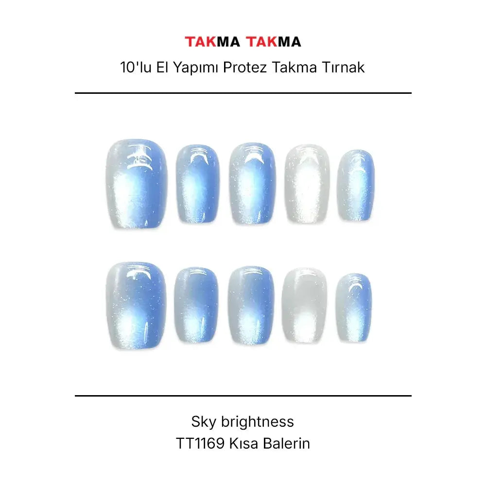 10'lu Mavi Kısa Balerin TT1169 Tekrar Kullanılabilir El Yapımı Protez Takma Tırnak Takma Takma