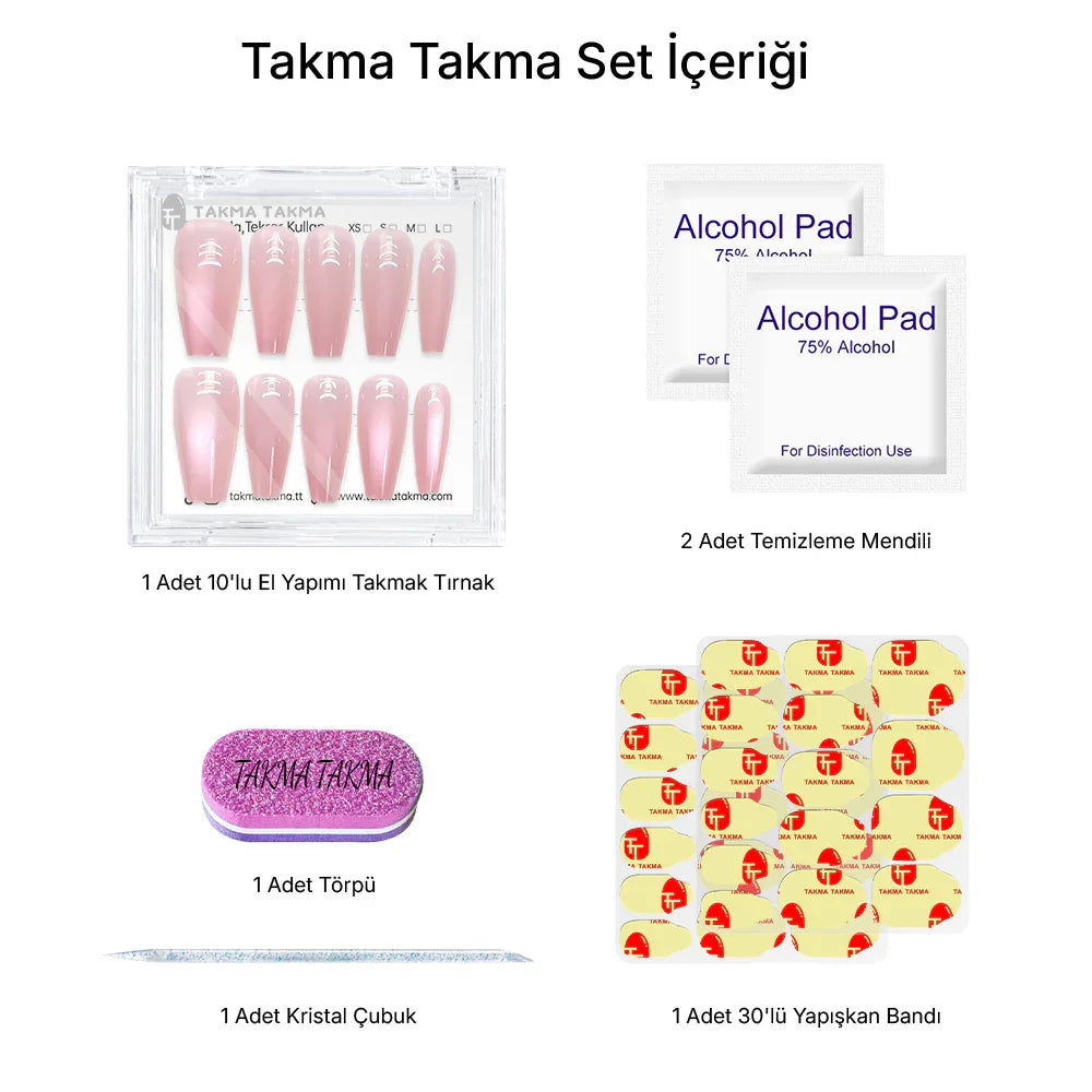 Tekrar Kullanılabilir El Yapımı Protez Takma Tırnak TT1175 - Pink Elegance - 10'lu