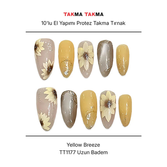 10'lu Sarı Uzun Badem TT1177 Tekrar Kullanılabilir El Yapımı Protez Takma Tırnak