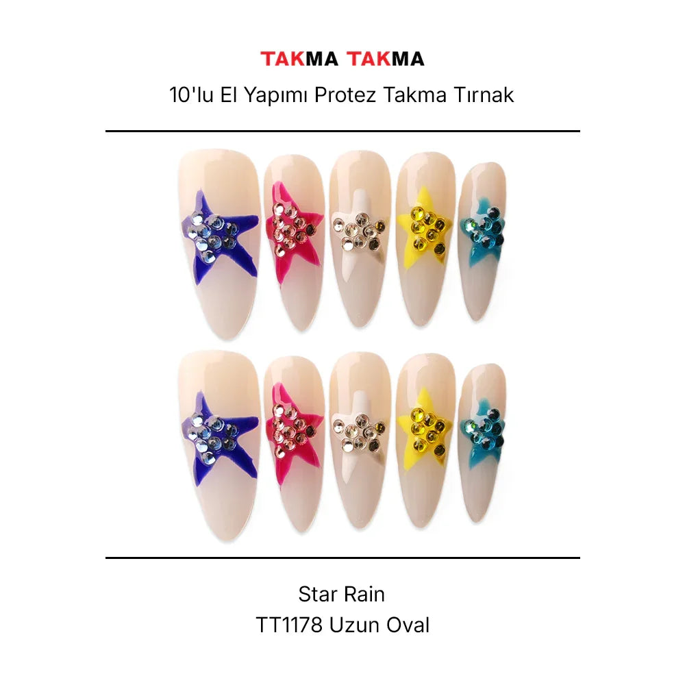 10'lu Renkli Uzun Oval TT1178 Tekrar Kullanılabilir El Yapımı Protez Takma Tırnak Takma Takma
