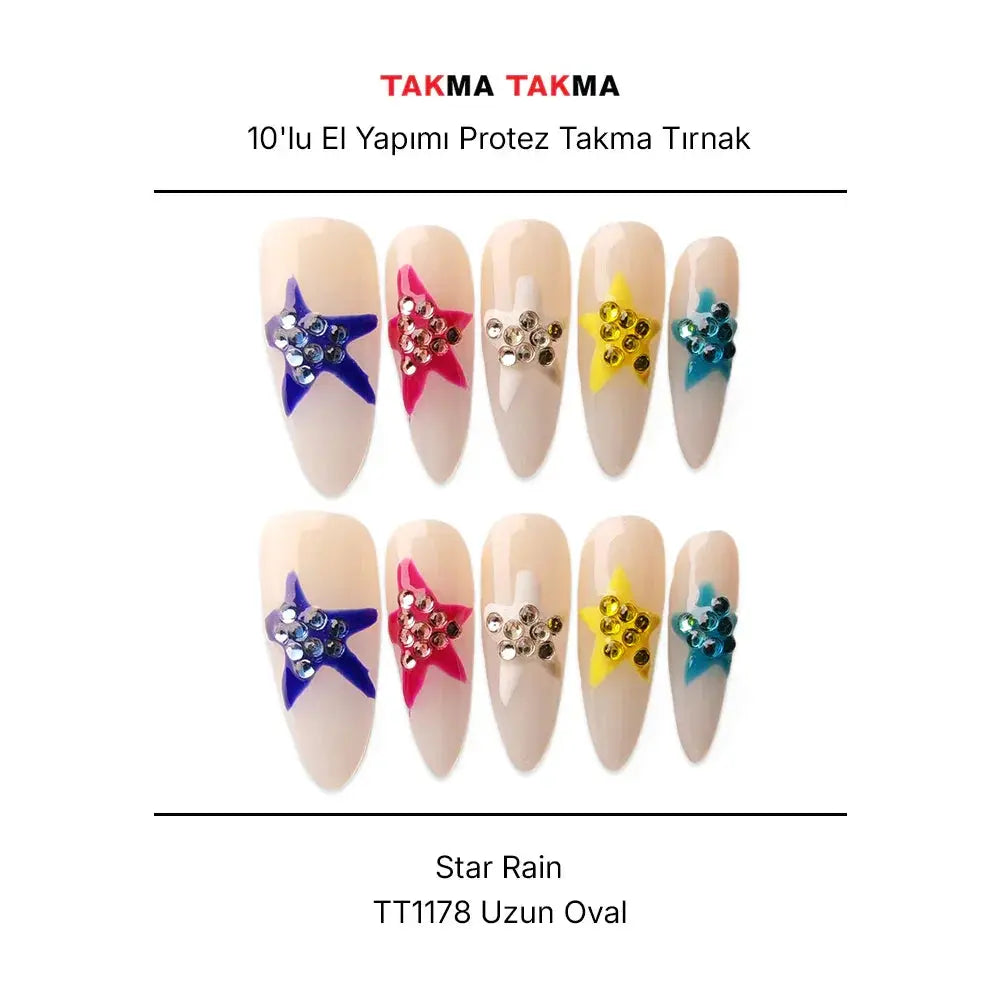 10'lu Renkli Uzun Oval TT1178 Tekrar Kullanılabilir El Yapımı Protez Takma Tırnak Takma Takma