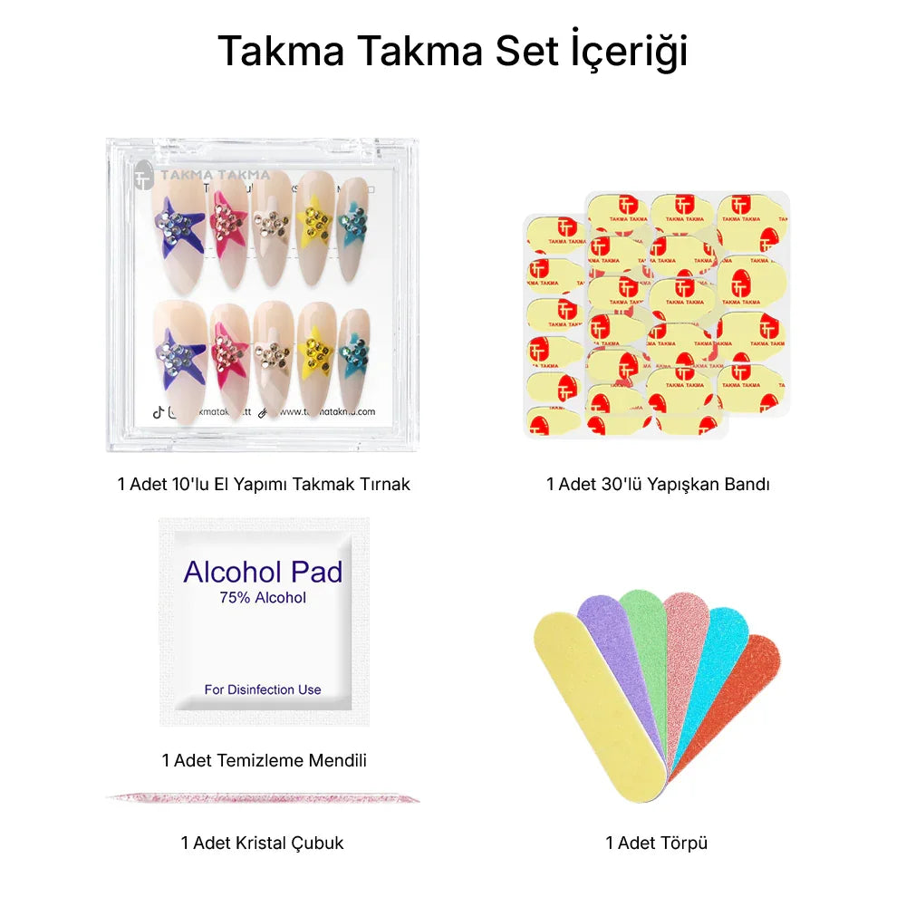 10'lu Renkli Uzun Oval TT1178 Tekrar Kullanılabilir El Yapımı Protez Takma Tırnak Takma Takma