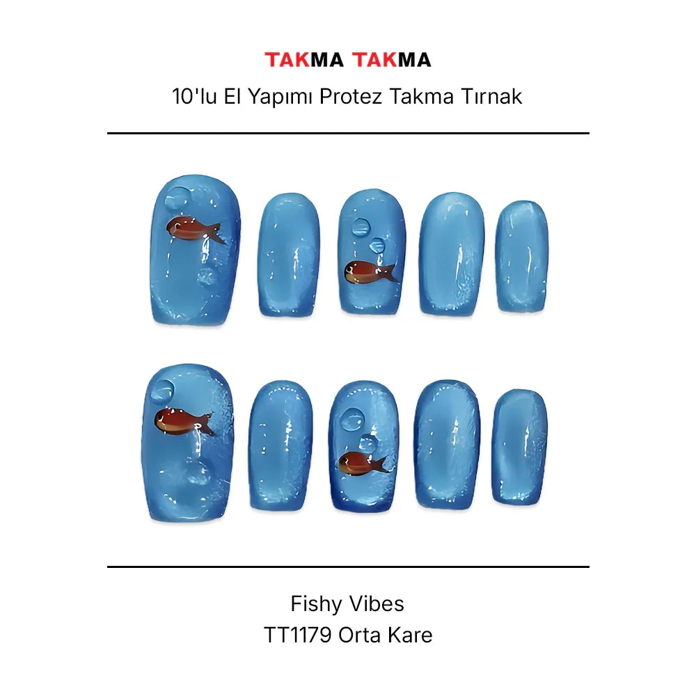 Tekrar Kullanılabilir El Yapımı Protez Takma Tırnak TT1179 - Fishy Vibes - 10'lu