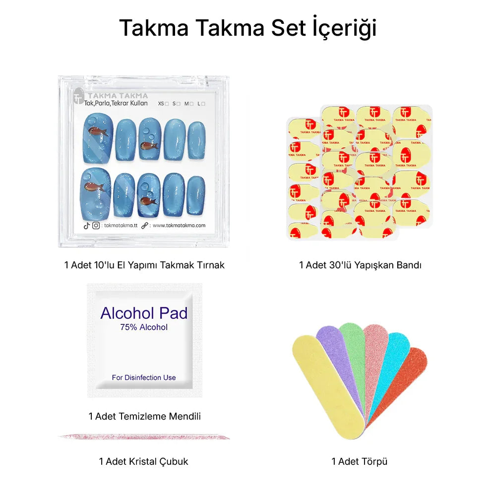 10'lu Mavi Orta Kare TT1179 Tekrar Kullanılabilir El Yapımı Protez Takma Tırnak Takma Takma
