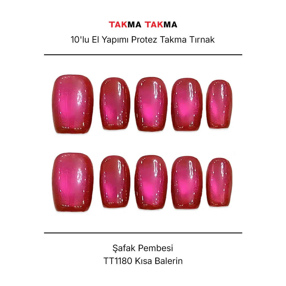 10'lu Pembe Kısa Balerin TT1180 Tekrar Kullanılabilir El Yapımı Protez Takma Tırnak Takma Takma