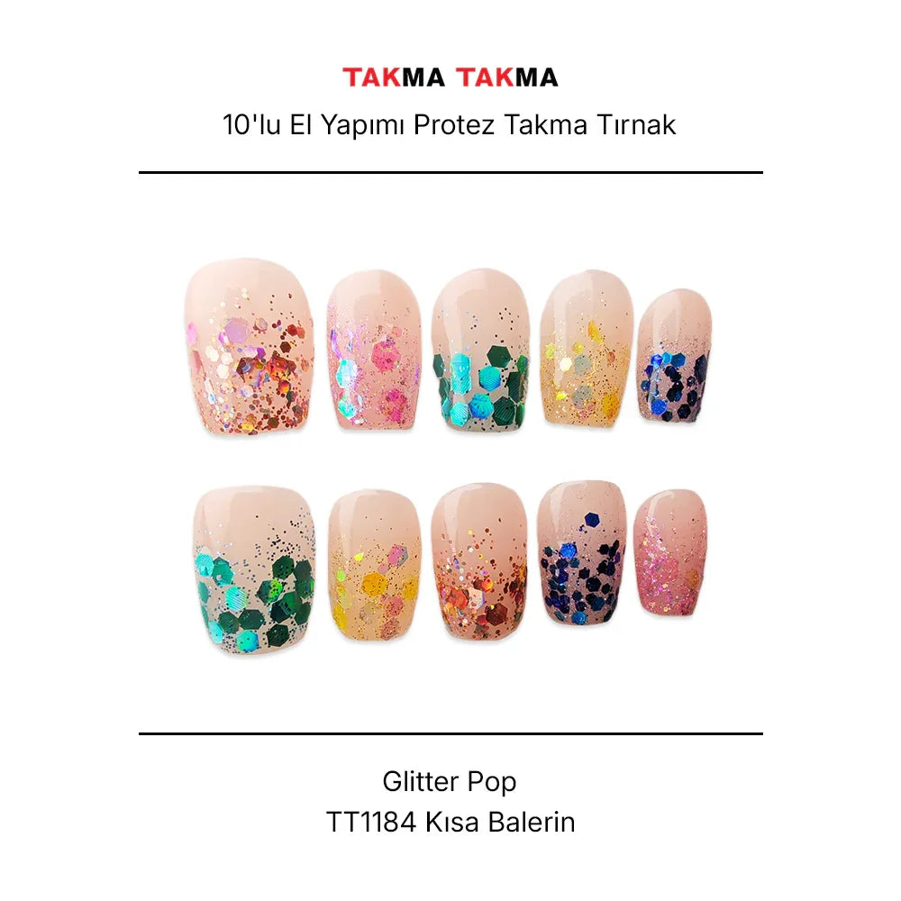 Tekrar Kullanılabilir El Yapımı Protez Takma Tırnak TT1184 - Glitter Pop - 10'lu