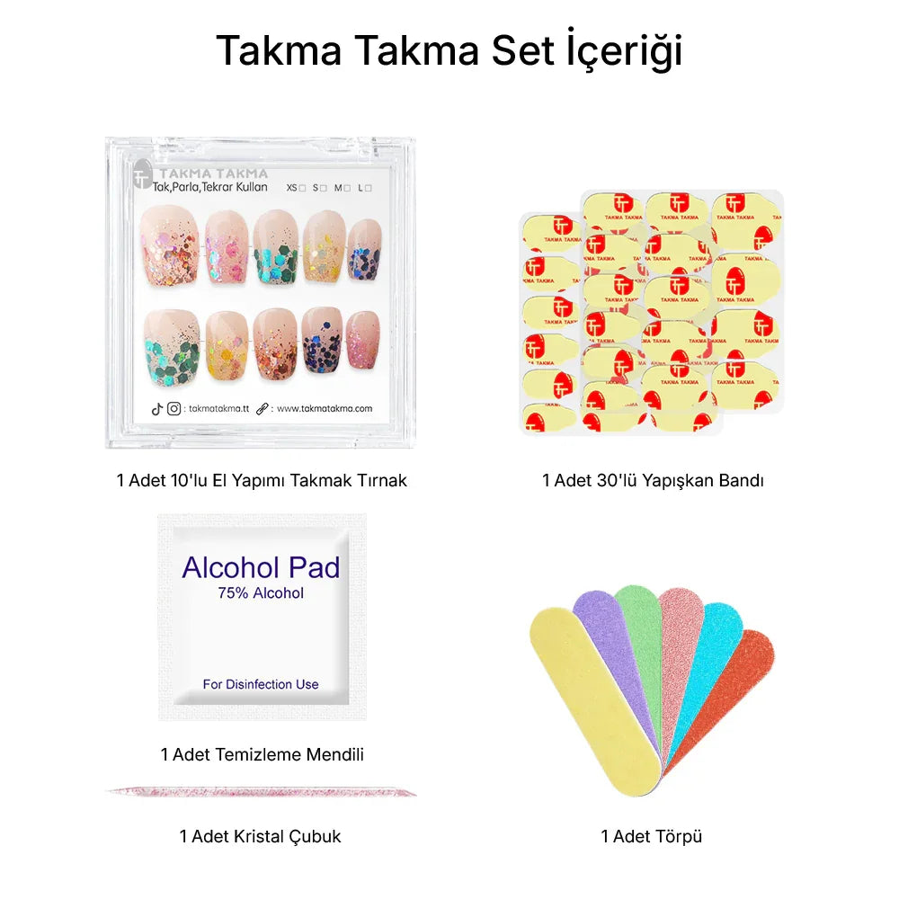 Tekrar Kullanılabilir El Yapımı Protez Takma Tırnak TT1184 - Glitter Pop - 10'lu