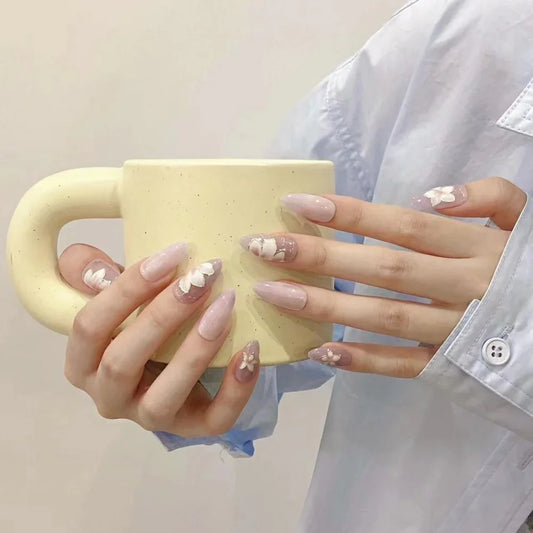 10'lu Beyaz Uzun Badem  TT1185 Tekrar Kullanılabilir El Yapımı Protez Takma Tırnak