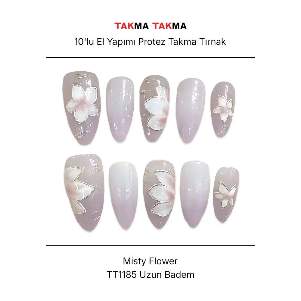 Tekrar Kullanılabilir El Yapımı Protez Takma Tırnak TT1185 - Misty Flower - 10'lu