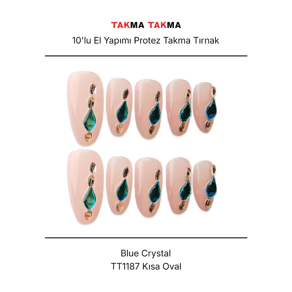 Tekrar Kullanılabilir El Yapımı Protez Takma Tırnak TT1187 - Blue Crystal - 10'lu