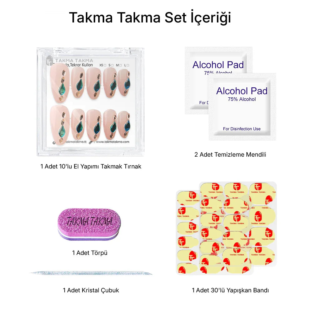 Tekrar Kullanılabilir El Yapımı Protez Takma Tırnak TT1187 - Blue Crystal - 10'lu