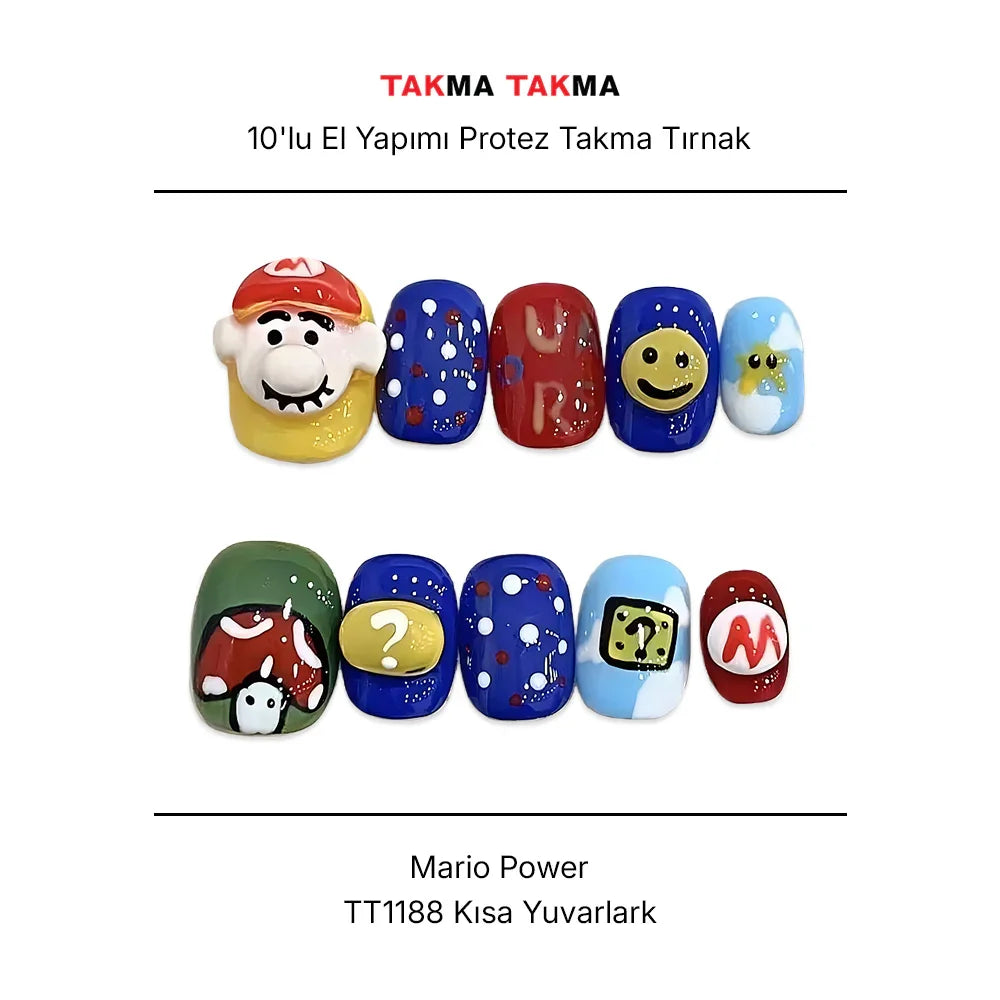 Tekrar Kullanılabilir El Yapımı Protez Takma Tırnak- Mario Power - 10'lu TT1188