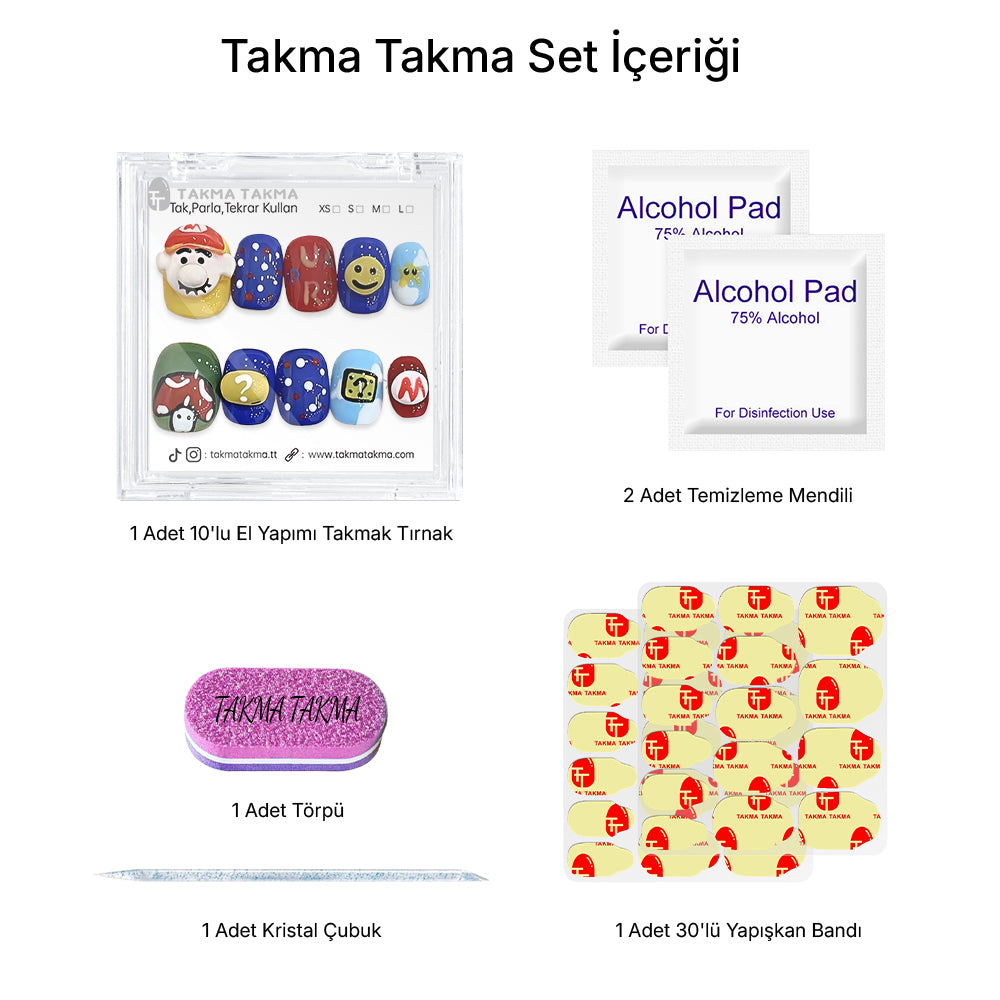Tekrar Kullanılabilir El Yapımı Protez Takma Tırnak- Mario Power - 10'lu TT1188