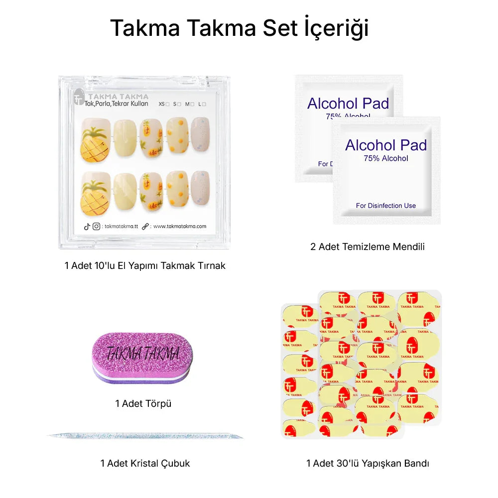 Tekrar Kullanılabilir El Yapımı Protez Takma Tırnak TT1190 - Pineapple Dream - 10'lu