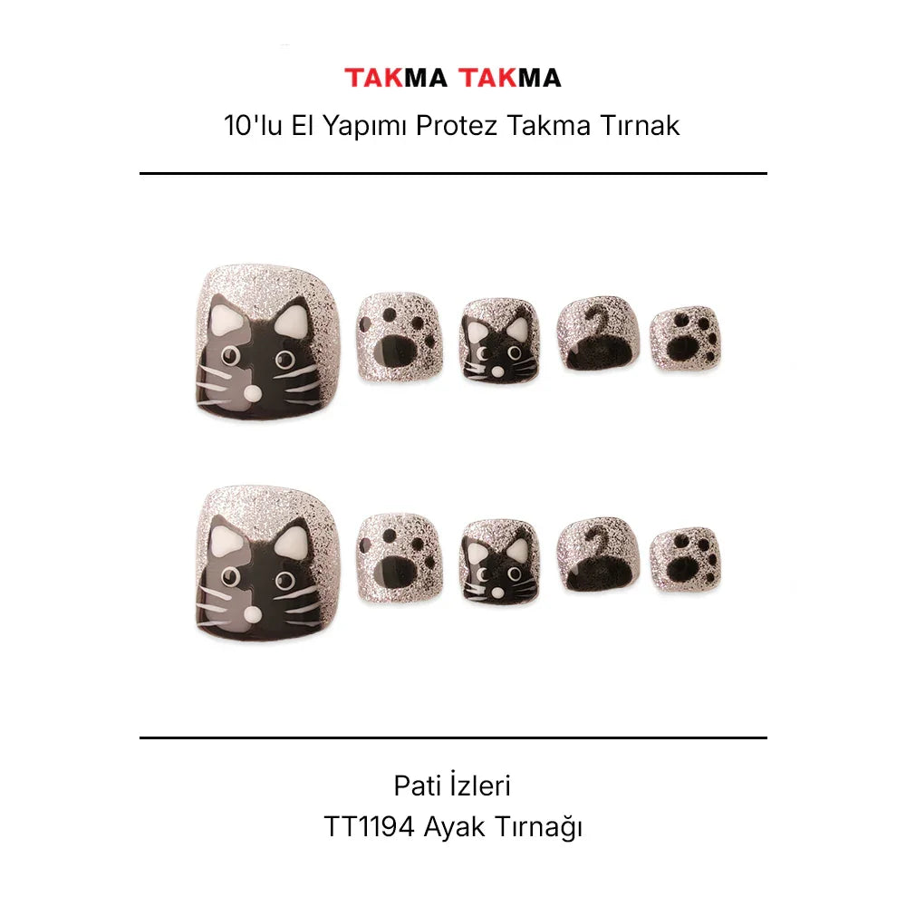 Tekrar Kullanılabilir El Yapımı Protez Takma Tırnak TT1194 - Pati İzleri - 10'lu